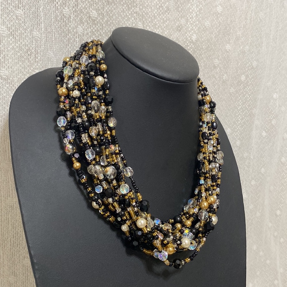 Vintage Joan Rivers Torsade Black & Crystal Beaded Necklace - Picture 3 of 14